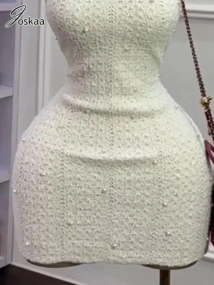 Joskaa 2025 Fall Women's Pearl Embellished Round Neck Sleeveless Bodycon Mini Knitted Dress Party Clubwear Vintage Streetwear