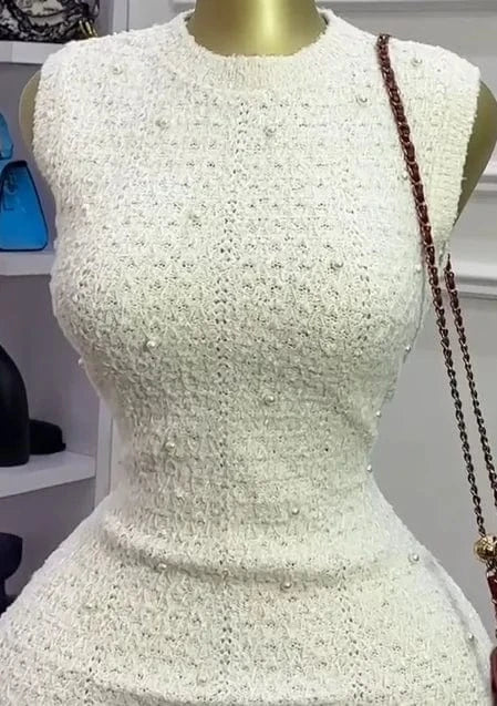 Joskaa 2025 Fall Women's Pearl Embellished Round Neck Sleeveless Bodycon Mini Knitted Dress Party Clubwear Vintage Streetwear