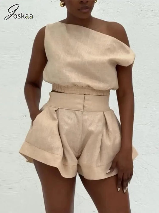 Joskaa Casual 2 Piece Sets Women Off Shoulder Sleeveless Shirt Tops and High Waist Wide Leg Shorts Matching 2025 Streetwear