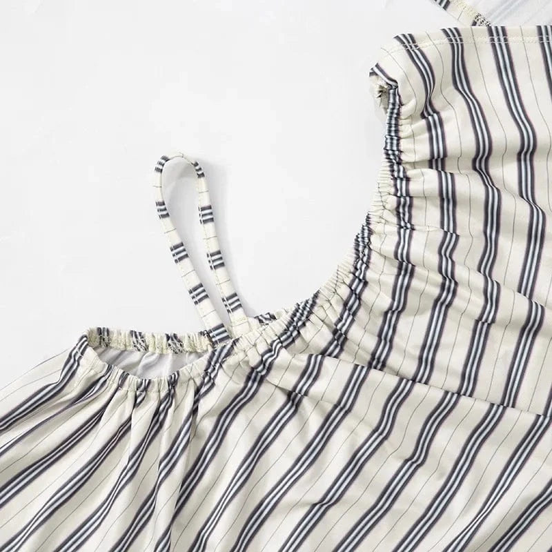 Joskaa Striped Print Cutout Jumpsuits Women Hipster Sexy Oblique Shoulder Backless Skinny One Piece Rompers Midnight Clubwear
