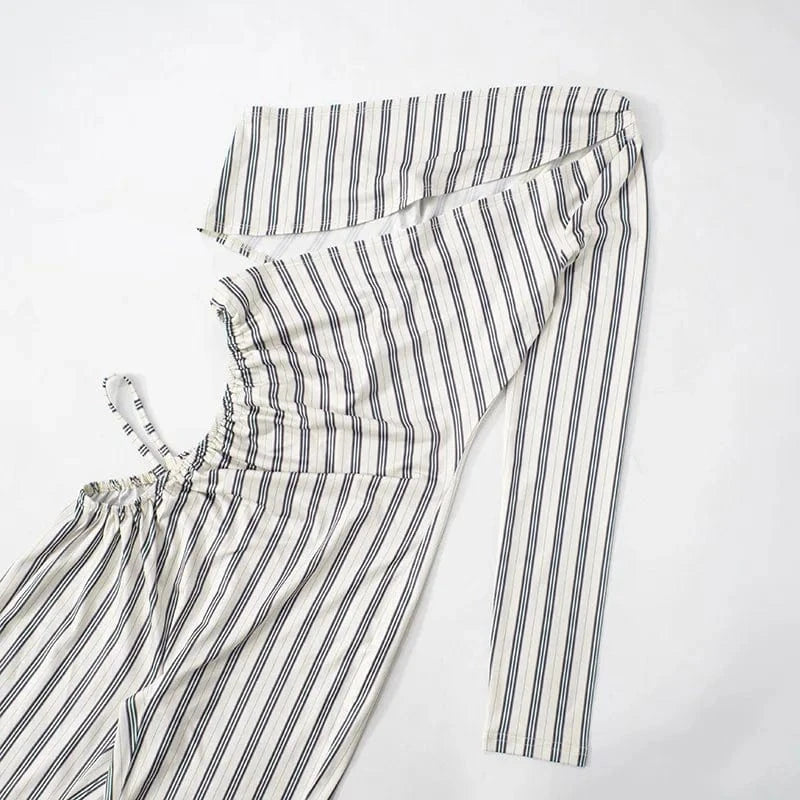 Joskaa Striped Print Cutout Jumpsuits Women Hipster Sexy Oblique Shoulder Backless Skinny One Piece Rompers Midnight Clubwear