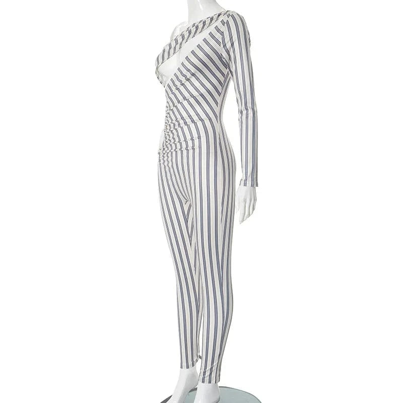 Joskaa Striped Print Cutout Jumpsuits Women Hipster Sexy Oblique Shoulder Backless Skinny One Piece Rompers Midnight Clubwear