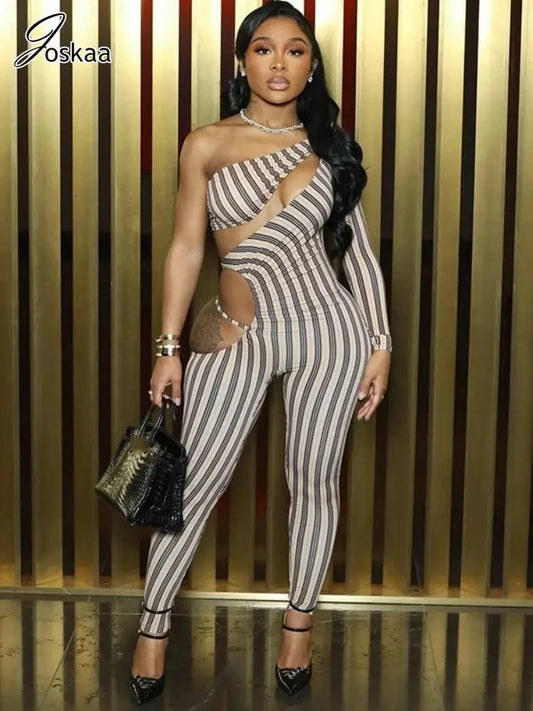 Joskaa Striped Print Cutout Jumpsuits Women Hipster Sexy Oblique Shoulder Backless Skinny One Piece Rompers Midnight Clubwear