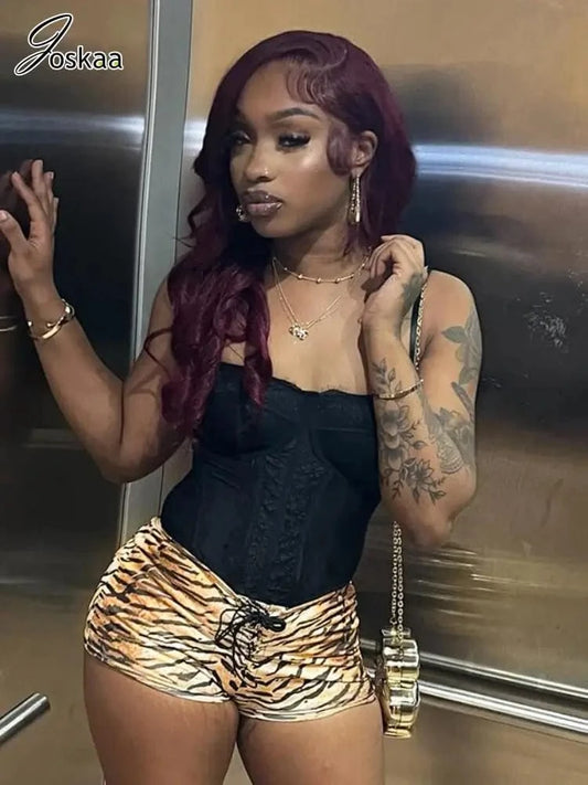 Joskaa Tiger Stripe Print Shorts Women Hipster Sexy Low Rise Bandage Hot Pants 2025 Summer Holiday Party Club Bottoms Streetwear