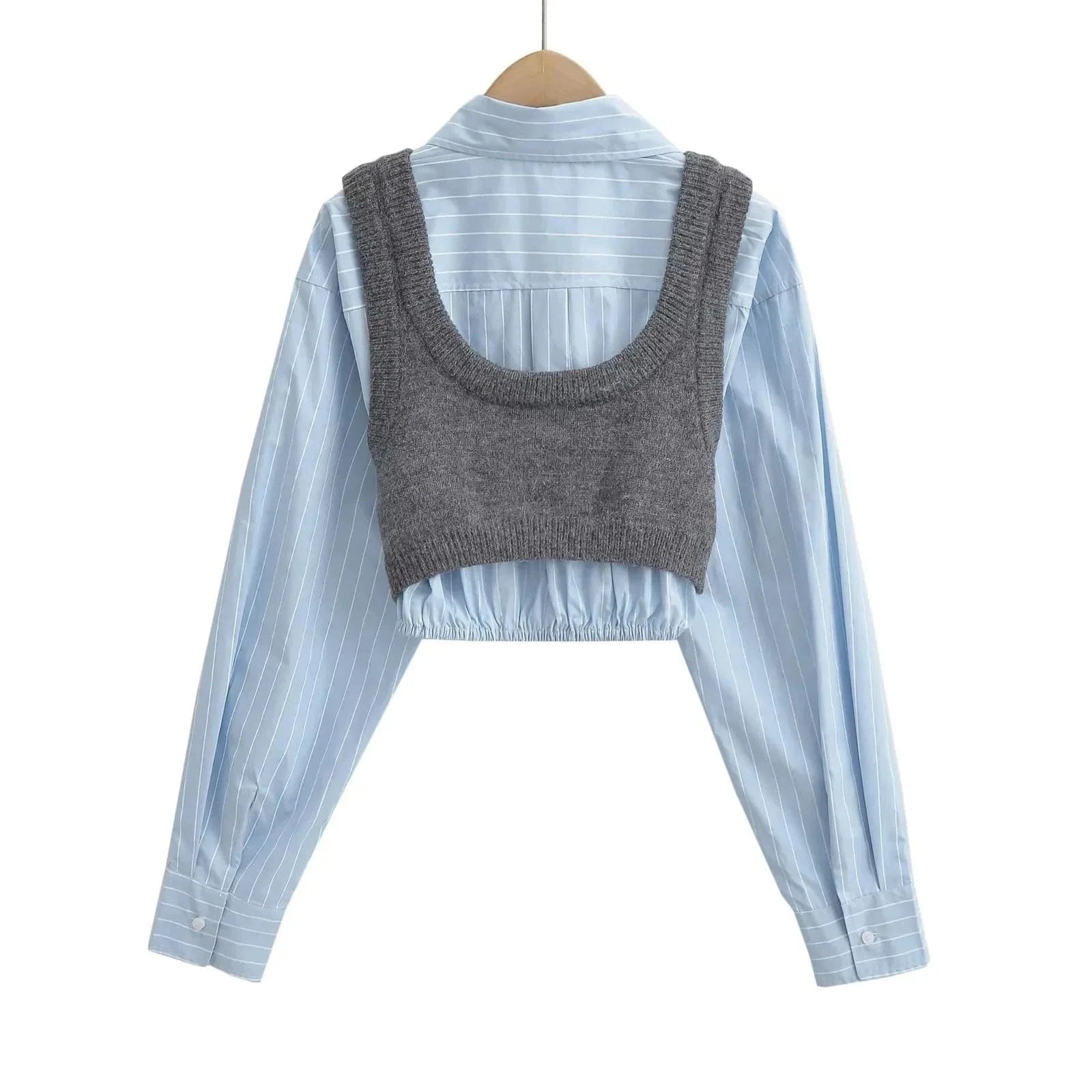 Joskaa Women Lapel Long Sleeve Single Breasted Cropped Shirt with Knitted Vest 2 Piece Set 2024 Summer Fashion Tops Streetwear