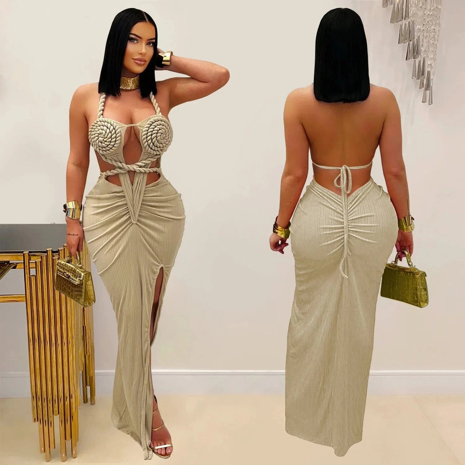 Joskaa Women's 2025 Summer Knit Halter Dress Sexy Hollow Backless Slit Bodycon Maxi Dresses Holiday Party Club Beachwear S-XXL