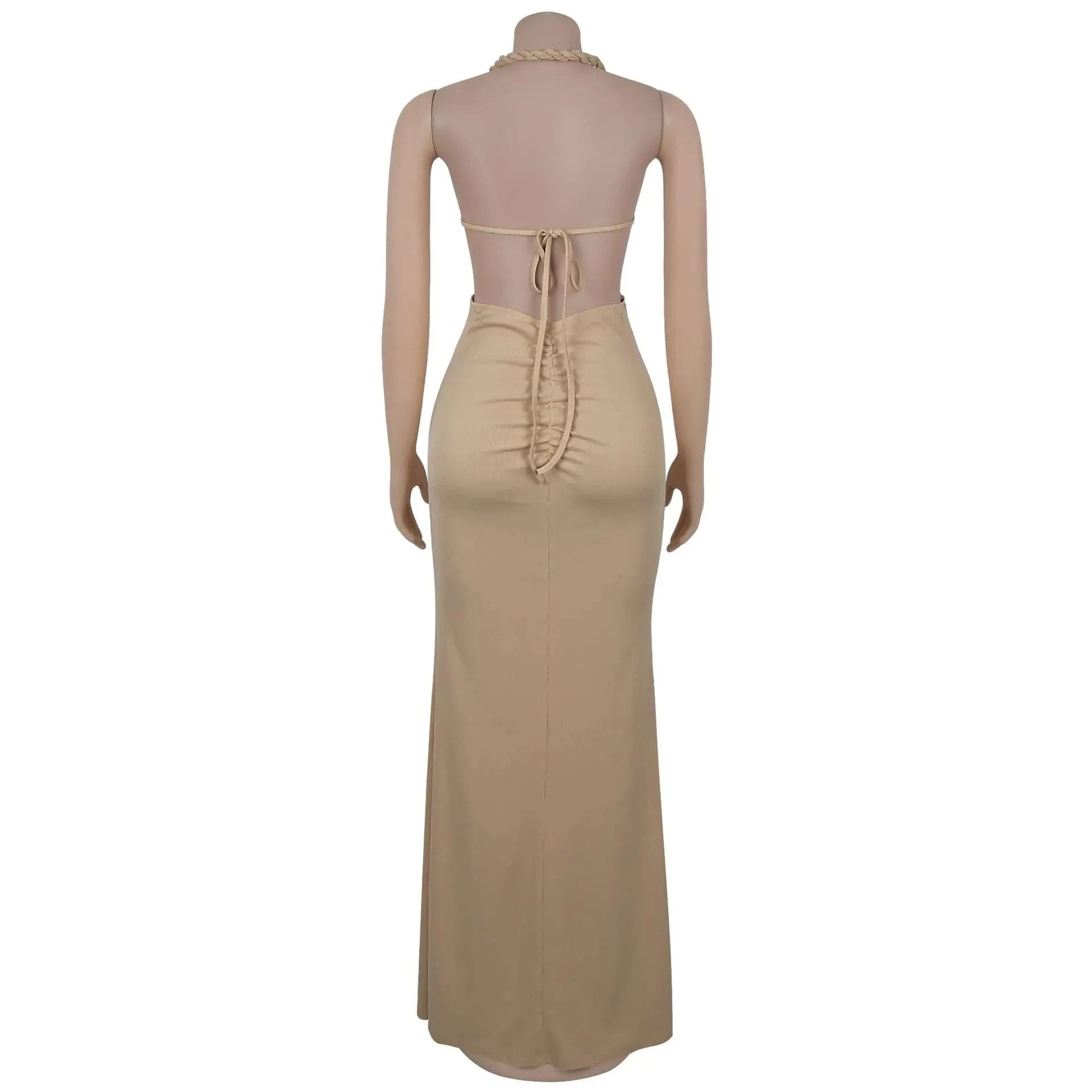 Joskaa Women's 2025 Summer Knit Halter Dress Sexy Hollow Backless Slit Bodycon Maxi Dresses Holiday Party Club Beachwear S-XXL