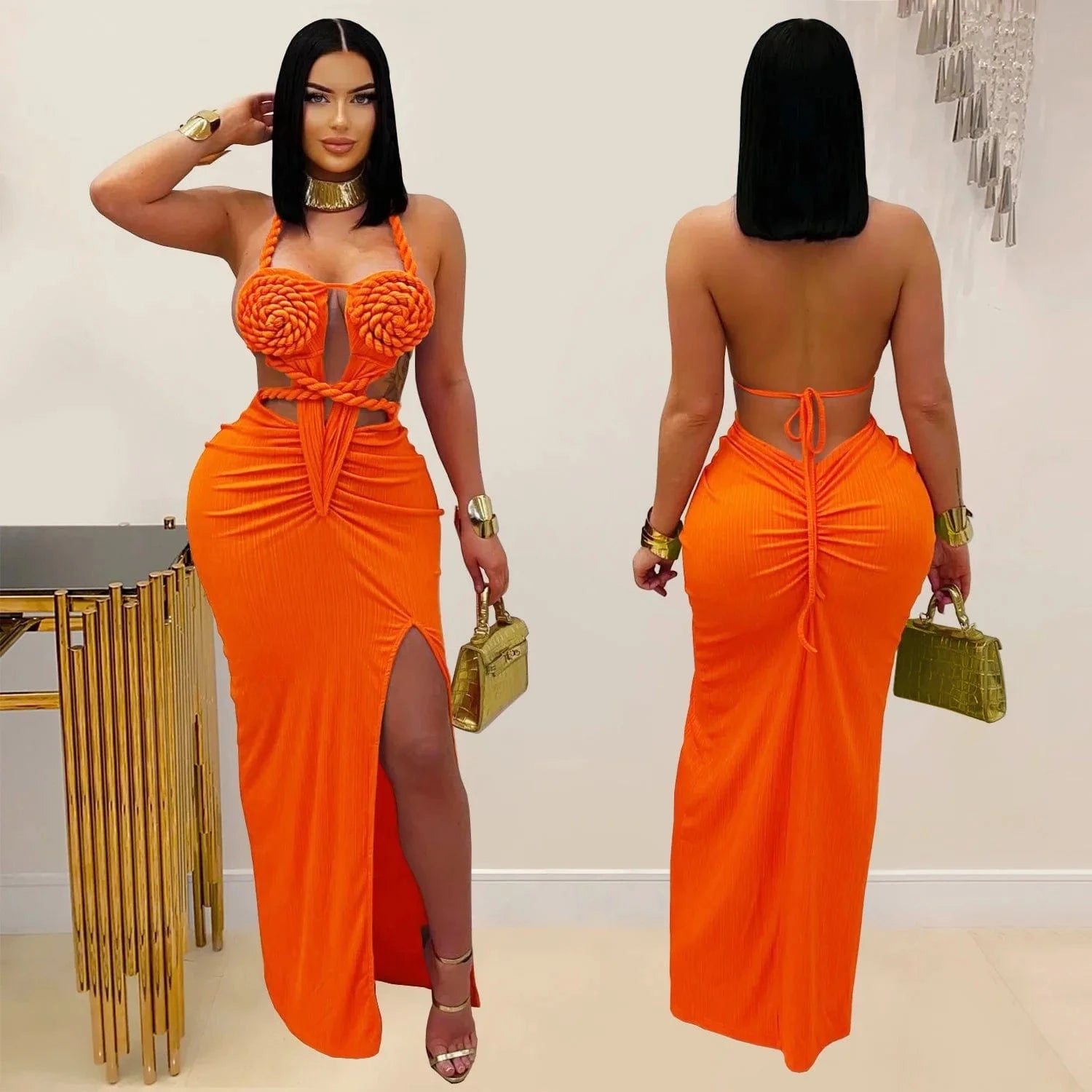 Joskaa Women's 2025 Summer Knit Halter Dress Sexy Hollow Backless Slit Bodycon Maxi Dresses Holiday Party Club Beachwear S-XXL