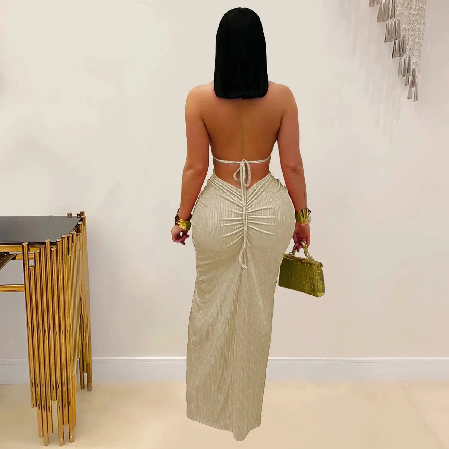 Joskaa Women's 2025 Summer Knit Halter Dress Sexy Hollow Backless Slit Bodycon Maxi Dresses Holiday Party Club Beachwear S-XXL