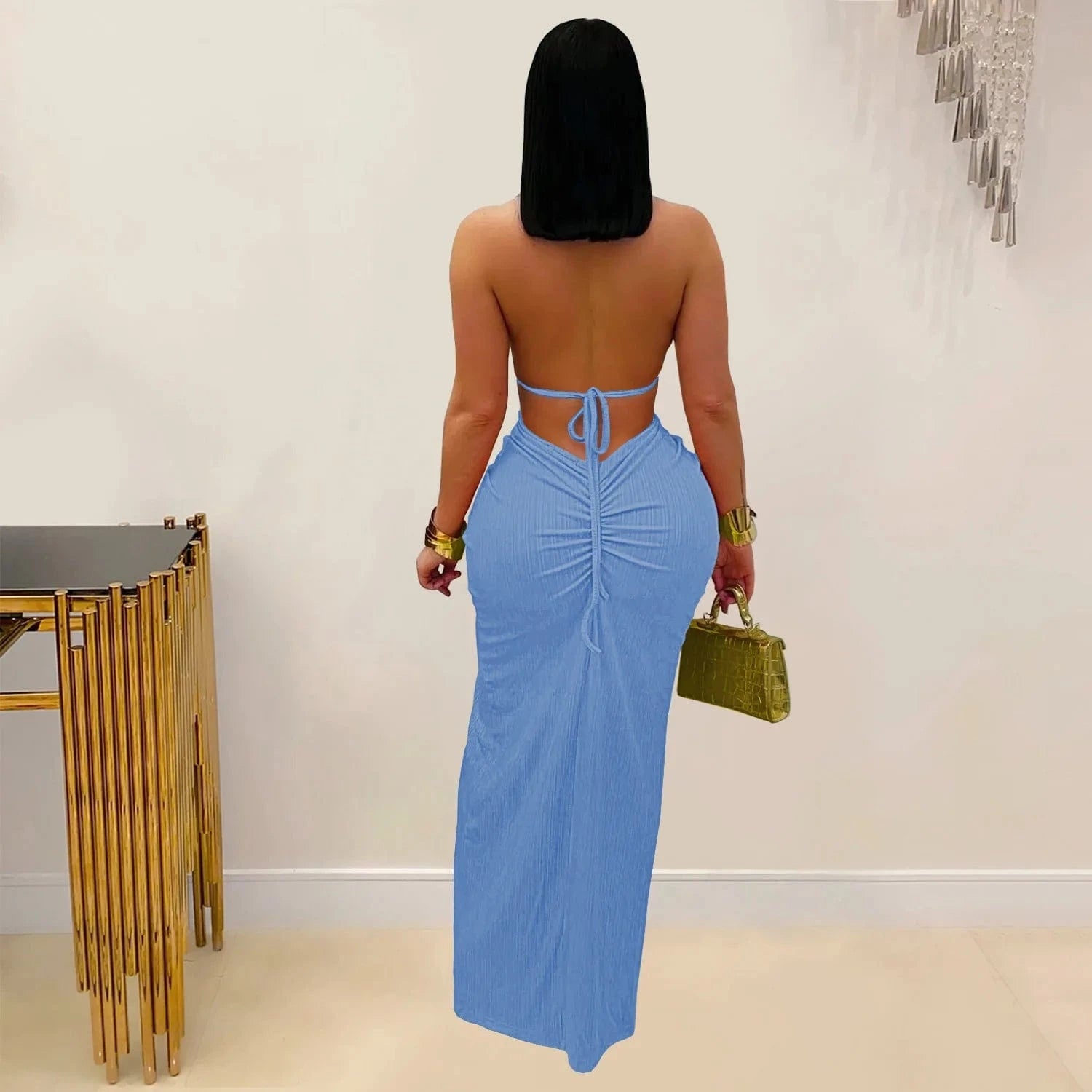Joskaa Women's 2025 Summer Knit Halter Dress Sexy Hollow Backless Slit Bodycon Maxi Dresses Holiday Party Club Beachwear S-XXL