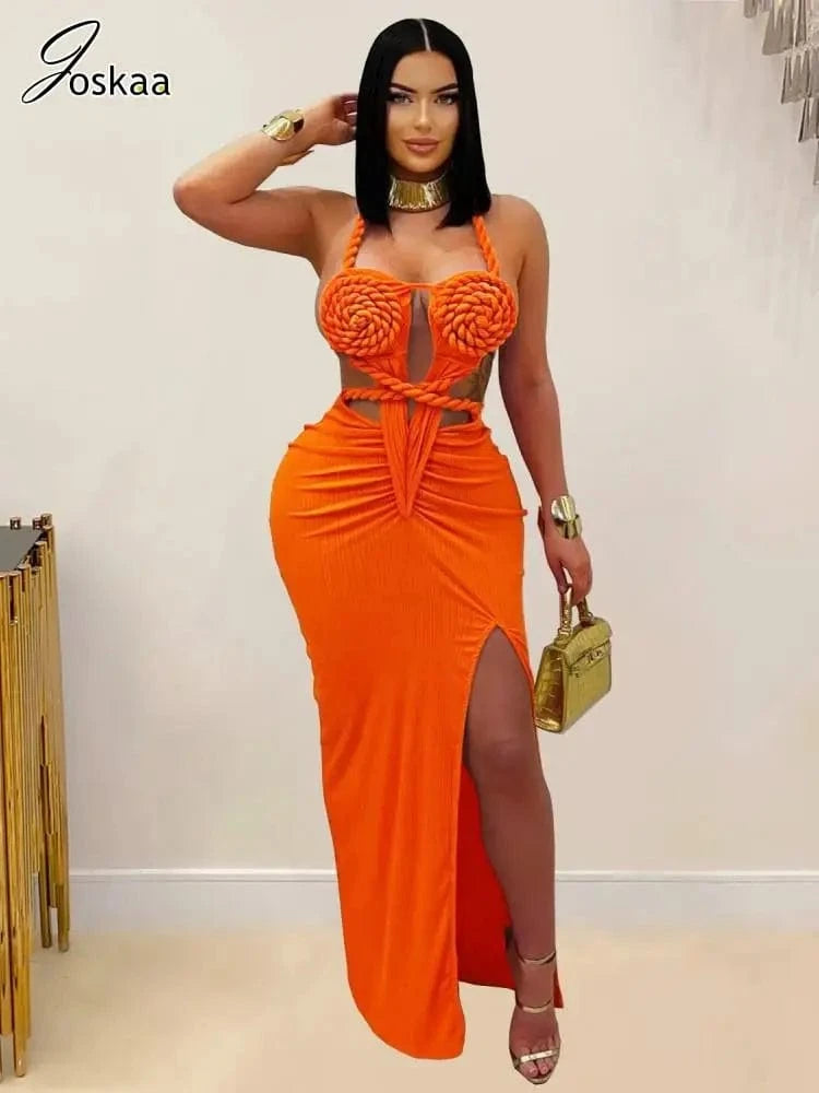 Joskaa Women's 2025 Summer Knit Halter Dress Sexy Hollow Backless Slit Bodycon Maxi Dresses Holiday Party Club Beachwear S-XXL