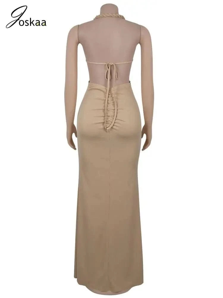Joskaa Women's 2025 Summer Knit Halter Dress Sexy Hollow Backless Slit Bodycon Maxi Dresses Holiday Party Club Beachwear S-XXL