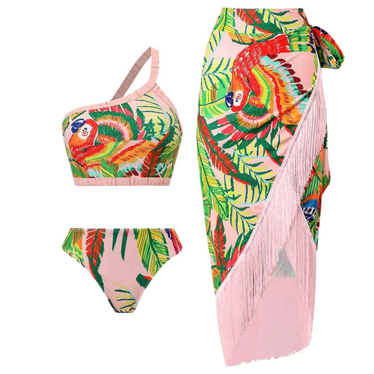 JSN  2024 New design bathing suit one shoulder swimwear mandarin duck print pattern high waist bikini with tassel sarong