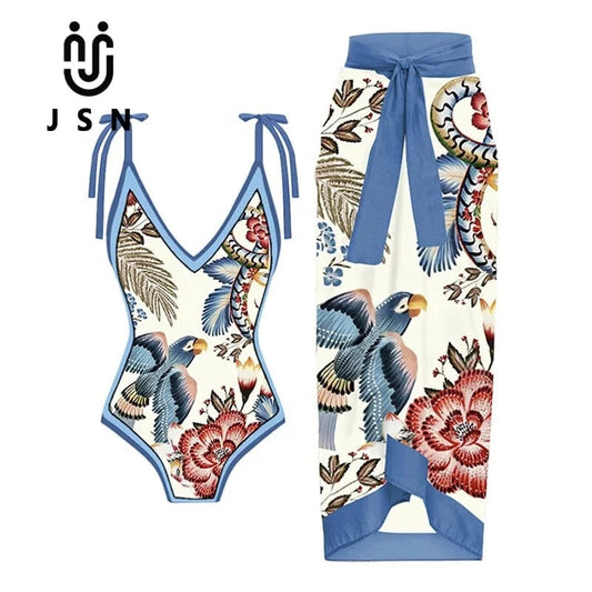 JSN 2024 New design swim suit vintage print bikini set with chiffon cover up women swimwear beachwear