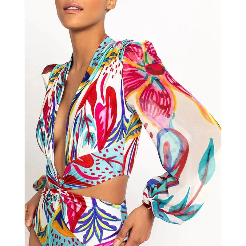 JSN 2024 New long sleeved print swimwear bikini deep V high waisted hollowed out swimming suit women one piece swimsuit