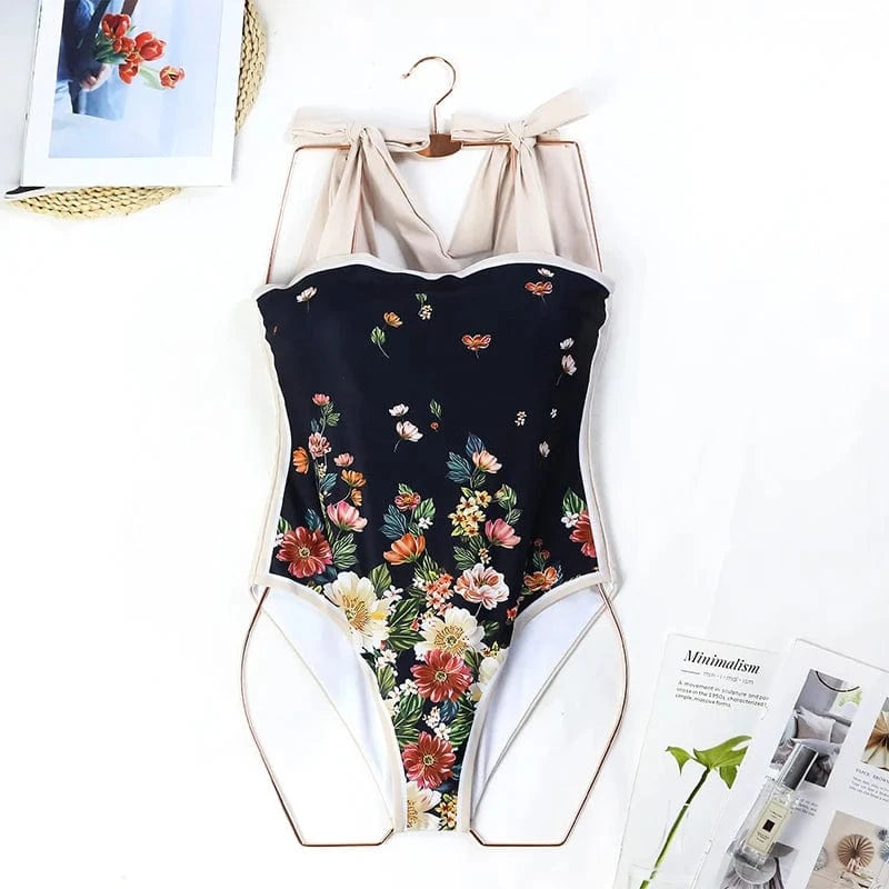 JSN 2024 New trajes de bano para mujeres vintage print swimwear women one piece swimsuit with sarong