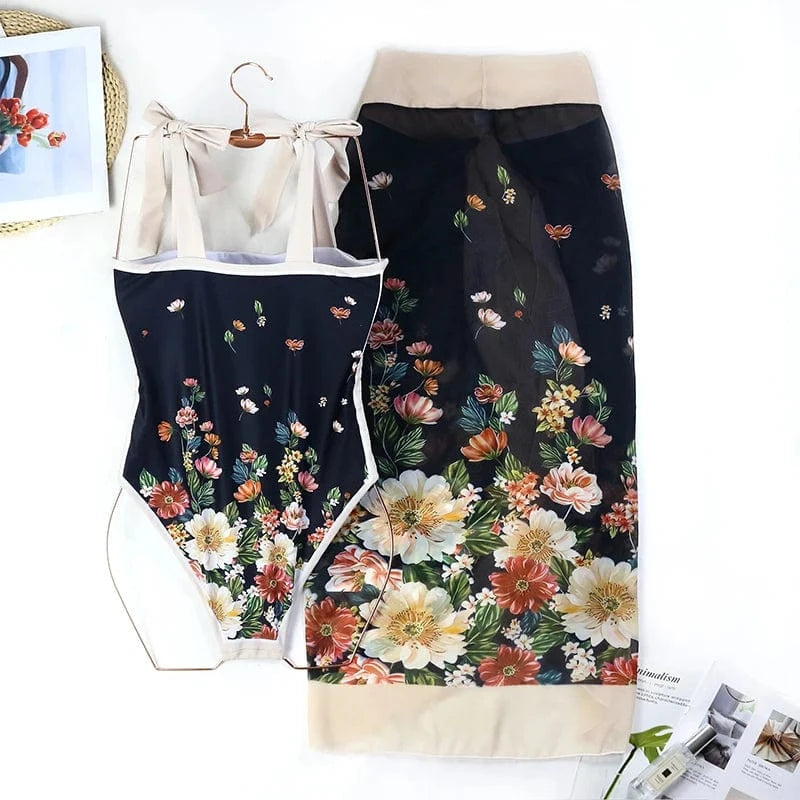 JSN 2024 New trajes de bano para mujeres vintage print swimwear women one piece swimsuit with sarong