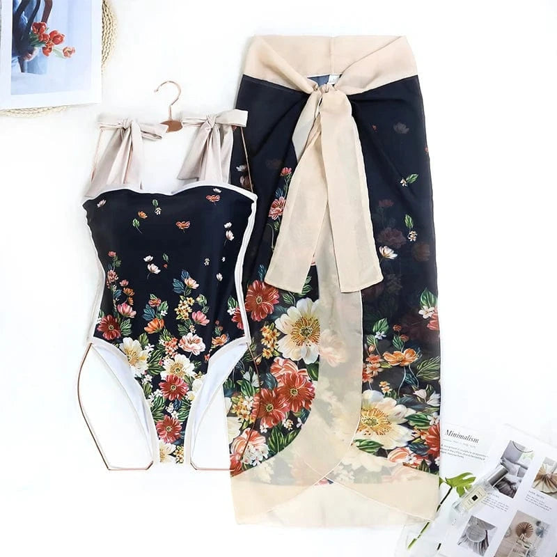 JSN 2024 New trajes de bano para mujeres vintage print swimwear women one piece swimsuit with sarong