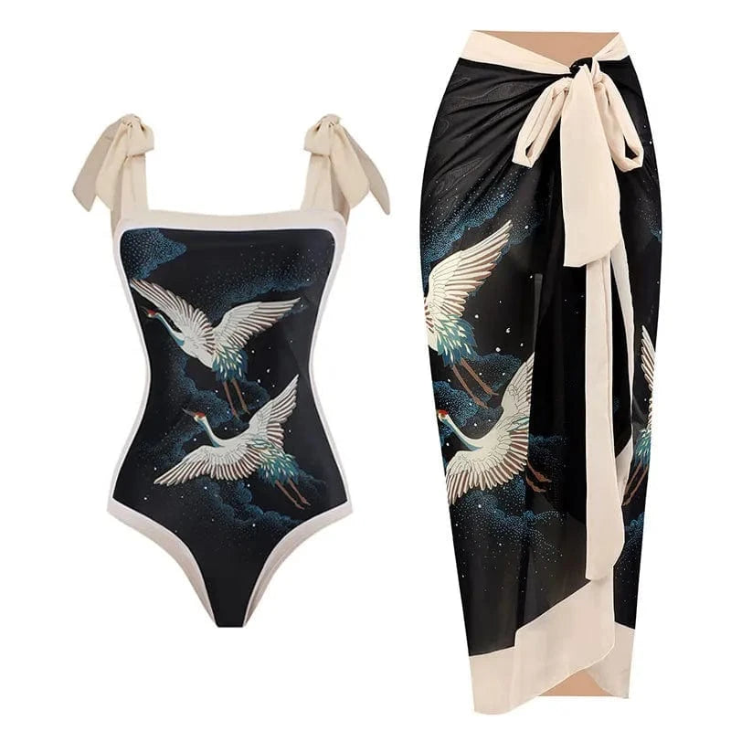 JSN 2024 New trajes de bano para mujeres vintage print swimwear women one piece swimsuit with sarong