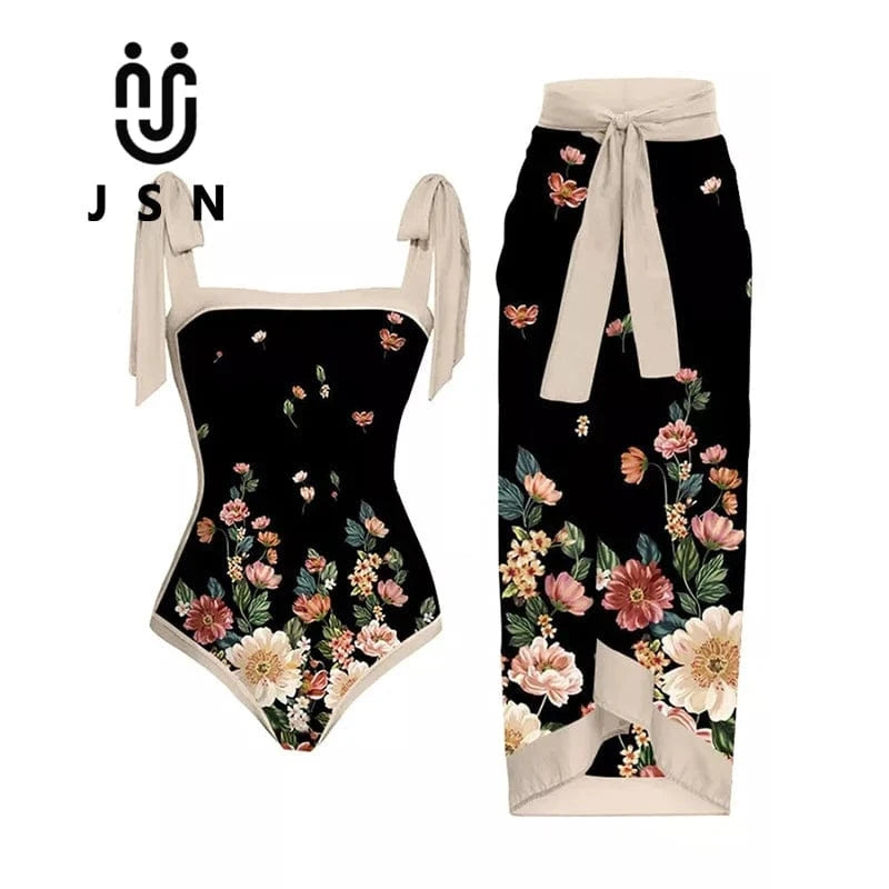 JSN 2024 New trajes de bano para mujeres vintage print swimwear women one piece swimsuit with sarong