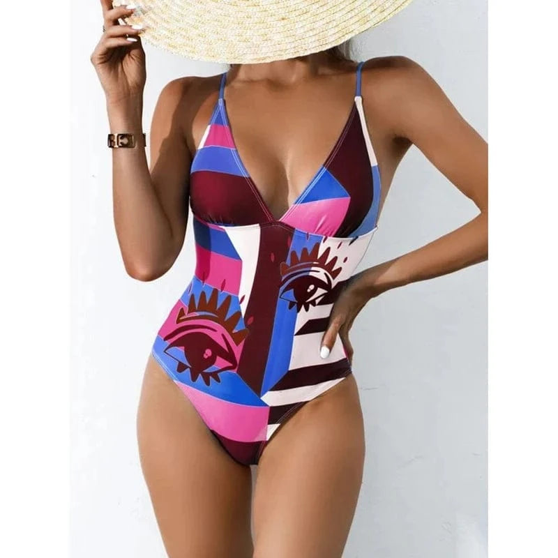 JSN71003 2024 tendy sling bikini beachwear demon blue eyes monokini bathing suit pattern swimwear sexy women swimsuit