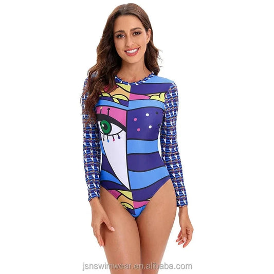 JSN72005 High quality best sales long sleeve pattern rashguard one piece swimsuit bikinis & beachwear women 2022 swimwear