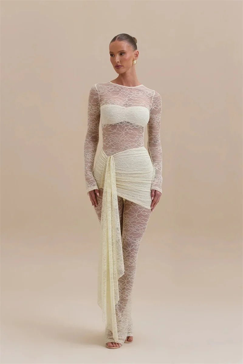 Jumpsuit Lace See - Through Mesh Bodice Ruched Draped Silhouette For Club Party Wear - SN Wigs & More