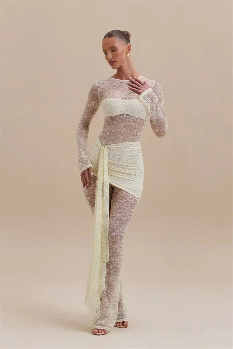 Jumpsuit Lace See - Through Mesh Bodice Ruched Draped Silhouette For Club Party Wear - SN Wigs & More
