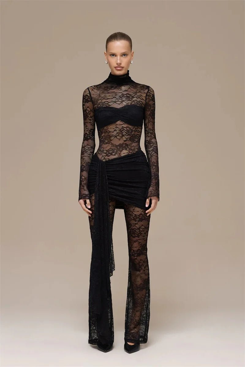 Jumpsuit Lace See - Through Mesh Bodice Ruched Draped Silhouette For Club Party Wear - SN Wigs & More