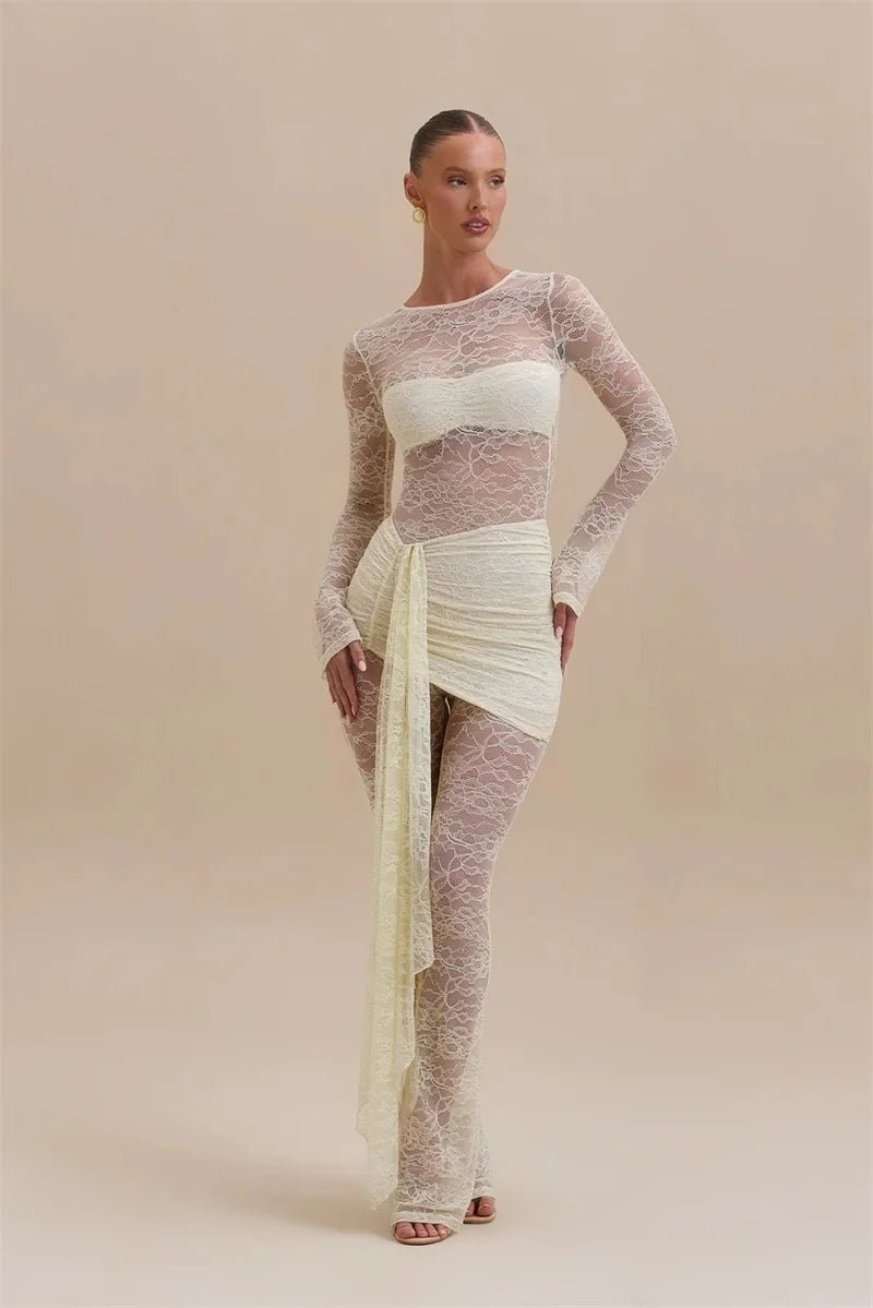 Jumpsuit Lace See - Through Mesh Bodice Ruched Draped Silhouette For Club Party Wear - SN Wigs & More