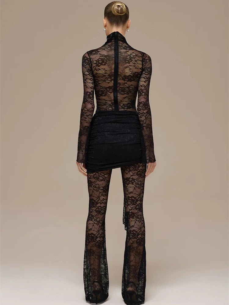 Jumpsuit Lace See - Through Mesh Bodice Ruched Draped Silhouette For Club Party Wear - SN Wigs & More