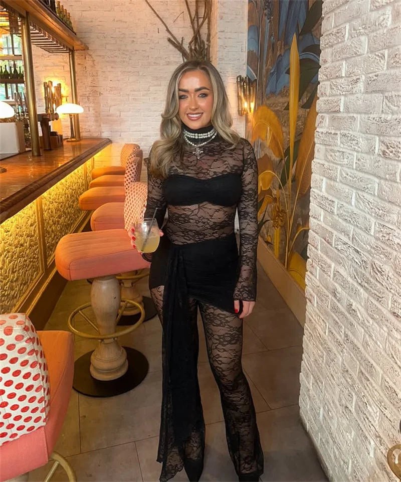 Jumpsuit Lace See - Through Mesh Bodice Ruched Draped Silhouette For Club Party Wear - SN Wigs & More