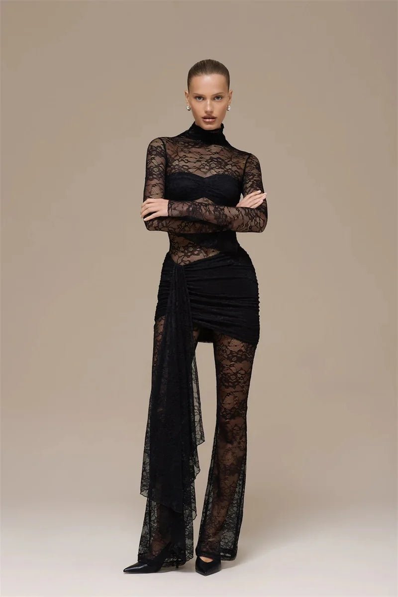 Jumpsuit Lace See - Through Mesh Bodice Ruched Draped Silhouette For Club Party Wear - SN Wigs & More