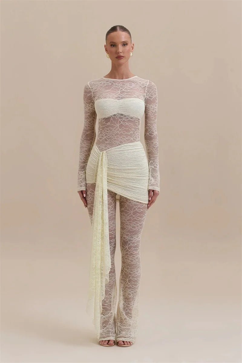 Jumpsuit Lace See - Through Mesh Bodice Ruched Draped Silhouette For Club Party Wear - SN Wigs & More