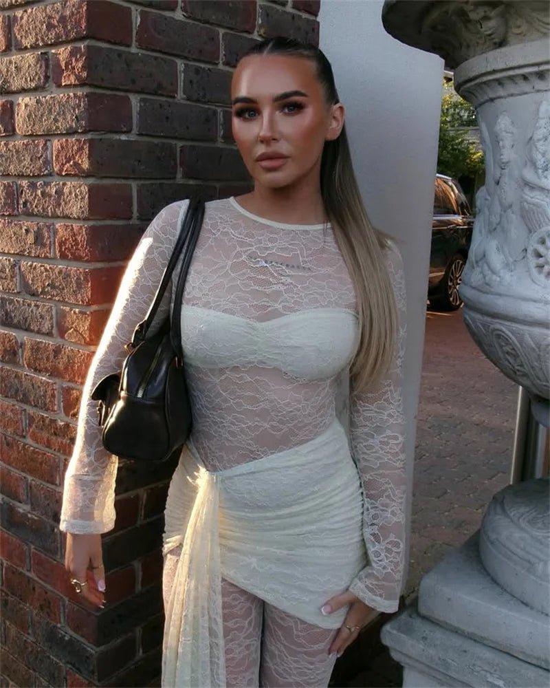 Jumpsuit Lace See - Through Mesh Bodice Ruched Draped Silhouette For Club Party Wear - SN Wigs & More