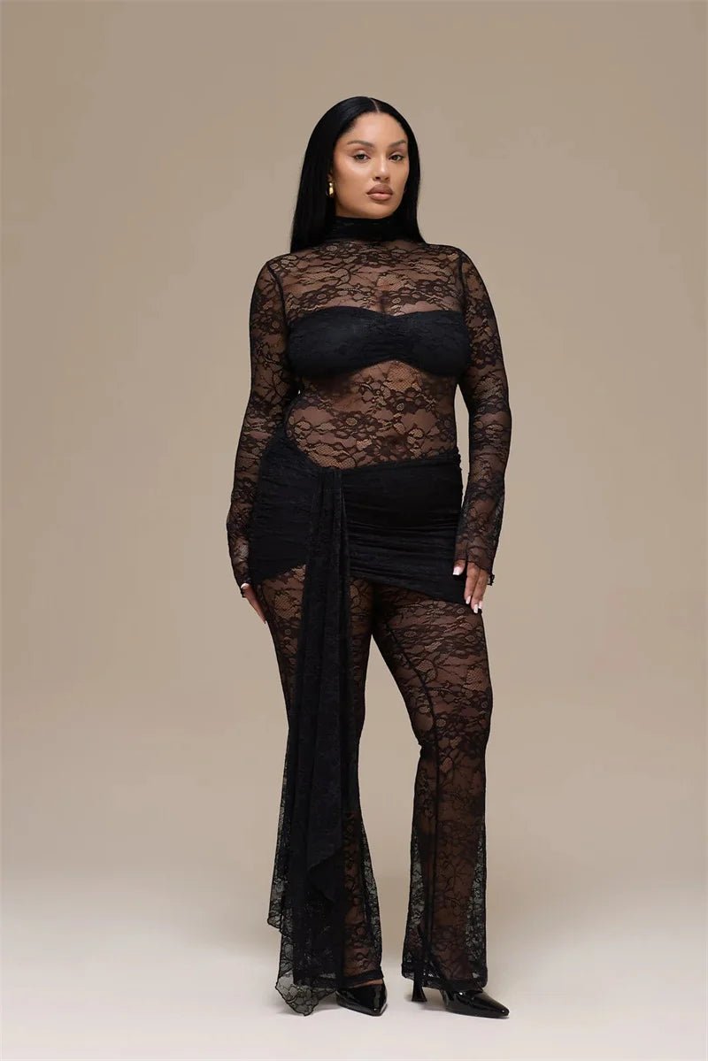 Jumpsuit Lace See - Through Mesh Bodice Ruched Draped Silhouette For Club Party Wear - SN Wigs & More