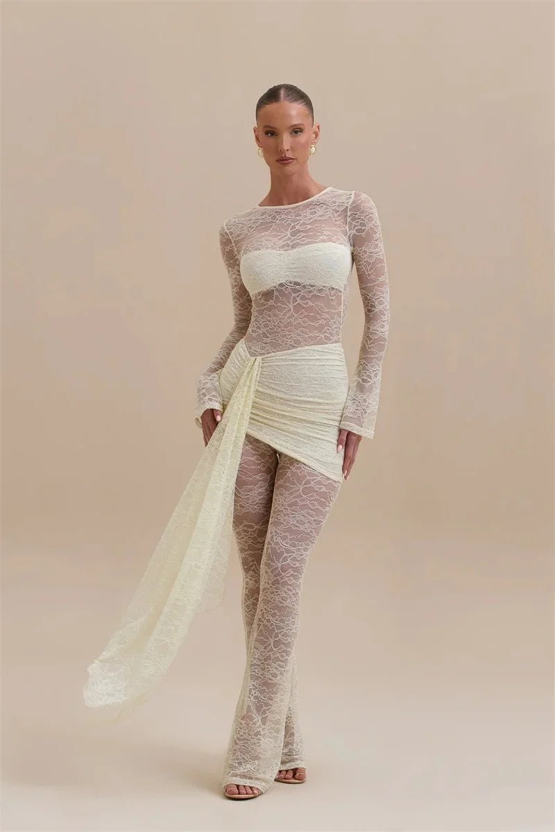 Jumpsuit Lace See - Through Mesh Bodice Ruched Draped Silhouette For Club Party Wear - SN Wigs & More