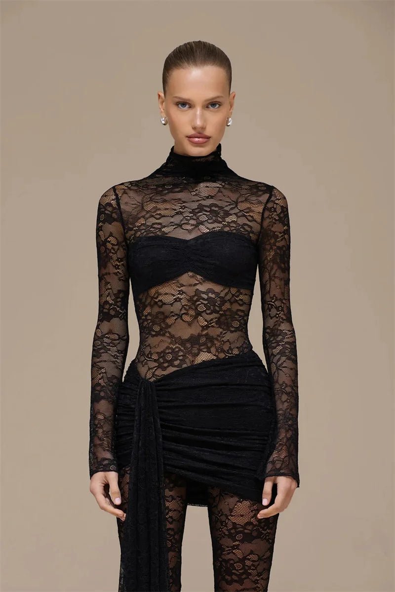 Jumpsuit Lace See - Through Mesh Bodice Ruched Draped Silhouette For Club Party Wear - SN Wigs & More
