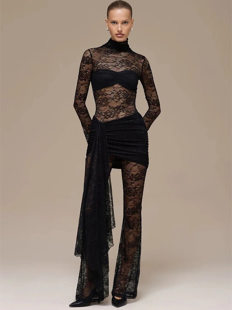 Jumpsuit Lace See - Through Mesh Bodice Ruched Draped Silhouette For Club Party Wear - SN Wigs & More