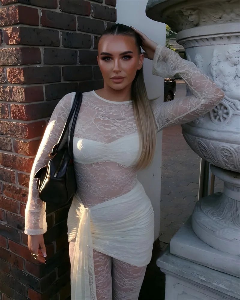 Jumpsuit Lace See - Through Mesh Bodice Ruched Draped Silhouette For Club Party Wear - SN Wigs & More