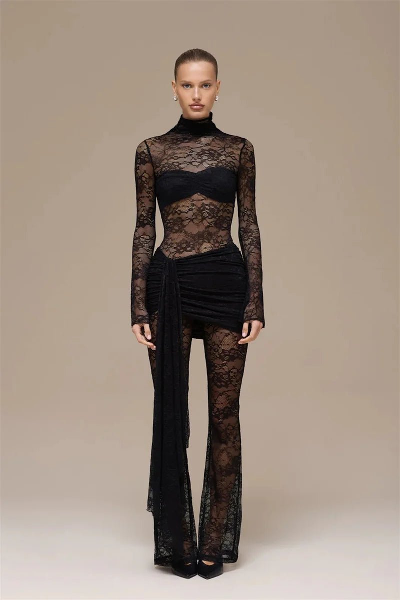Jumpsuit Lace See - Through Mesh Bodice Ruched Draped Silhouette For Club Party Wear - SN Wigs & More