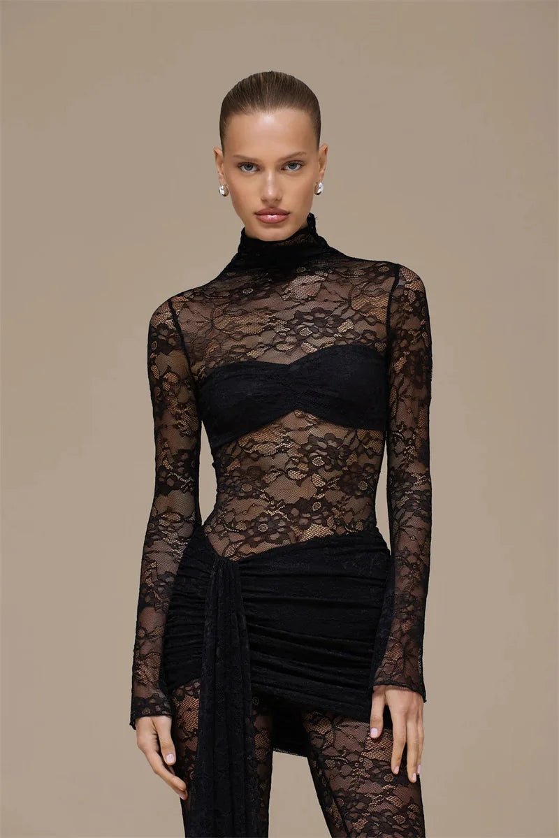 Jumpsuit Lace See - Through Mesh Bodice Ruched Draped Silhouette For Club Party Wear - SN Wigs & More
