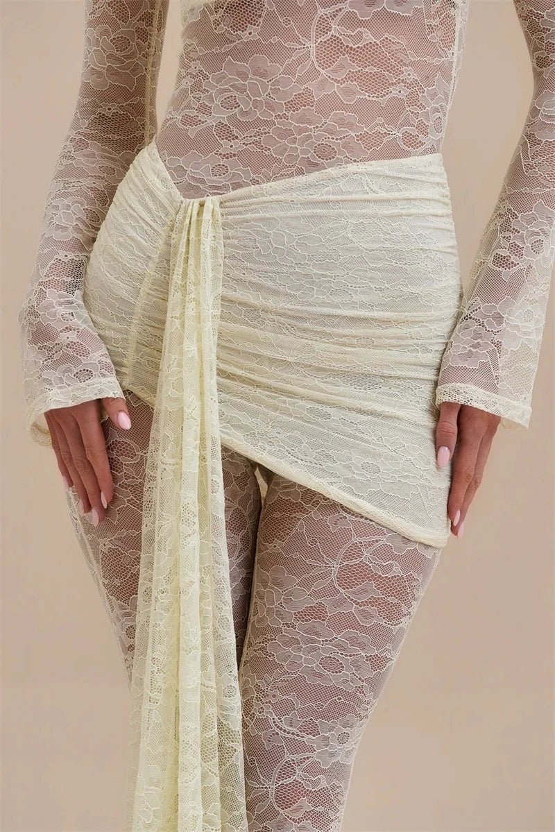 Jumpsuit Lace See - Through Mesh Bodice Ruched Draped Silhouette For Club Party Wear - SN Wigs & More