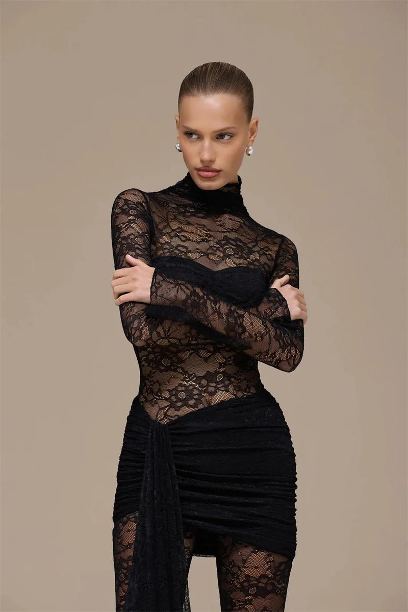 Jumpsuit Lace See - Through Mesh Bodice Ruched Draped Silhouette For Club Party Wear - SN Wigs & More