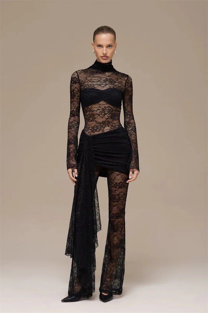Jumpsuit Lace See - Through Mesh Bodice Ruched Draped Silhouette For Club Party Wear - SN Wigs & More