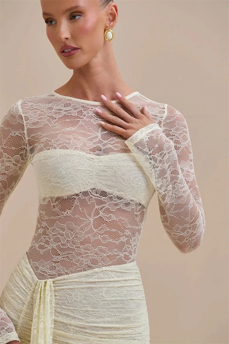 Jumpsuit Lace See - Through Mesh Bodice Ruched Draped Silhouette For Club Party Wear - SN Wigs & More