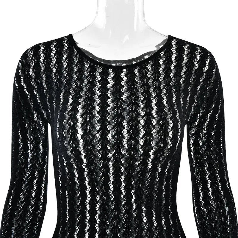Jumpsuit See Through Striped Jacquard One Piece Long Sleeve All Black - SN Wigs & More