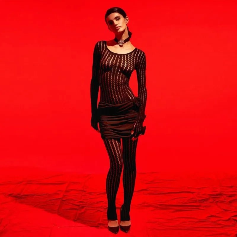 Jumpsuit See Through Striped Jacquard One Piece Long Sleeve All Black - SN Wigs & More