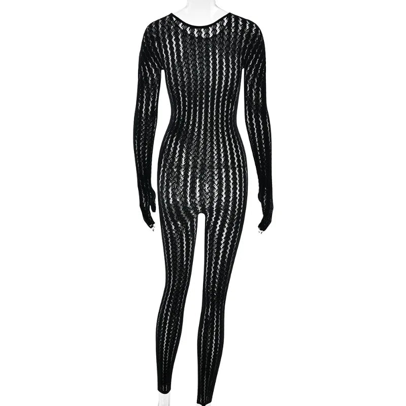 Jumpsuit See Through Striped Jacquard One Piece Long Sleeve All Black - SN Wigs & More