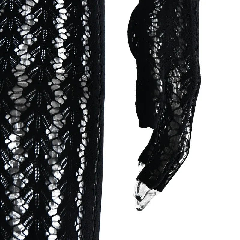 Jumpsuit See Through Striped Jacquard One Piece Long Sleeve All Black - SN Wigs & More